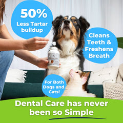 Dog using the DentaTabs powder dispenser for daily tartar control.