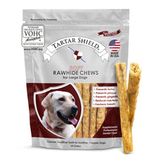 Tartar Shield Soft Rawhide Chews for large dogs in a 24-count pack, support daily oral care.