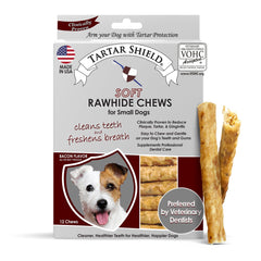Tartar Shield Soft Rawhide Chews packaging front for small dogs with bacon flavor