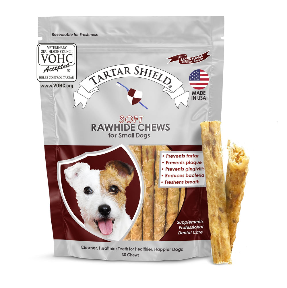 Tartar Shield soft rawhide chews for small dogs promote fresher breath
