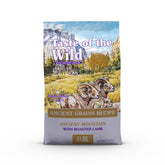 Taste of the Wild Ancient Mountain lamb dry dog food bag, supports lean muscles.