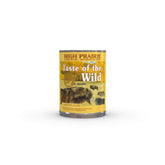 Taste of the Wild High Prairie Bison in Gravy canned dog food for lean muscles during daily activity.