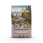 Taste of the Wild Lowland Creek bag displays roasted quail and duck kibble for cats.