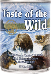 Taste of the Wild Pacific Stream salmon in gravy can for a tasty, balanced wet dog meal