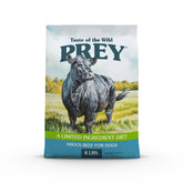 Taste of the Wild PREY Angus beef kibble in bowl highlights real meat flavor