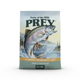 Taste of the Wild Prey Trout dry dog food bag highlights real trout for lean muscle support.