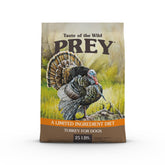 Taste of the Wild Prey Turkey bag front highlights turkey first ingredient for lean muscles