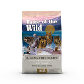 Taste of the Wild Wetlands roasted fowl bag closeup showing grain-free formula for active dogs