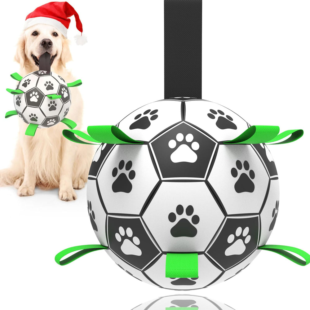 TBC PET dog soccer ball with straps, ideal for tug of war and active play.