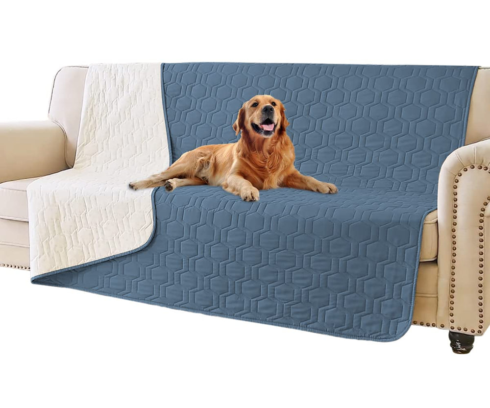 Tcksstex waterproof dog bed cover on sofa showing protective navy blue layer
