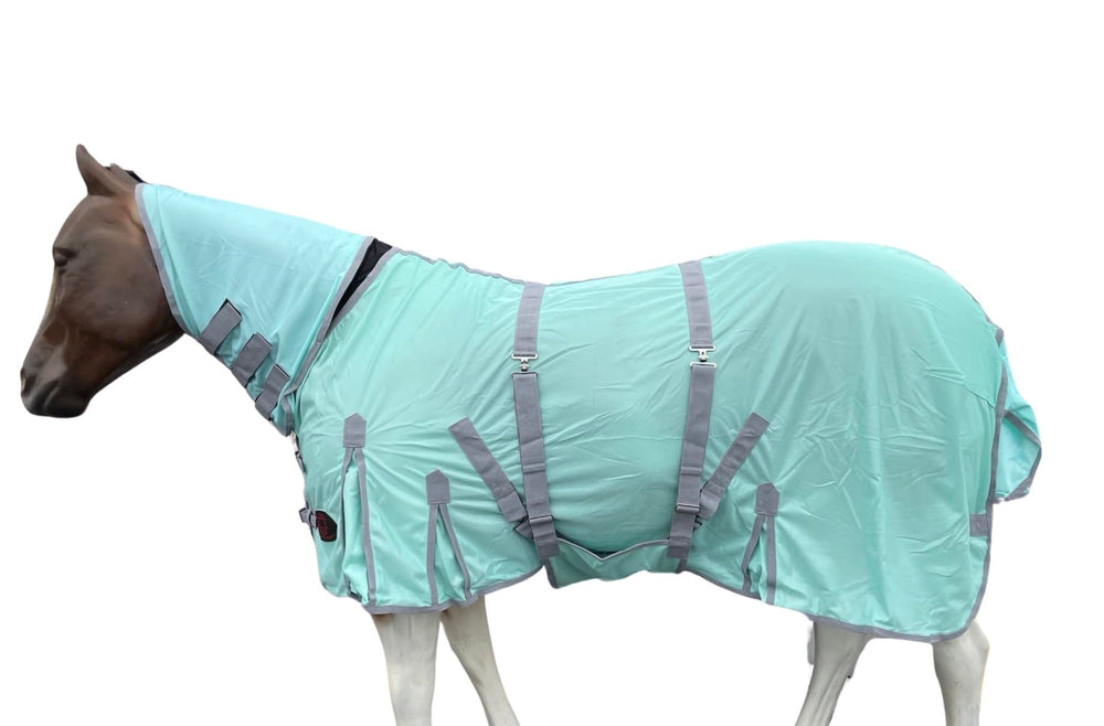 Tech Equestrian heavy-duty fly sheet with hood protects horses from insects during turnout.