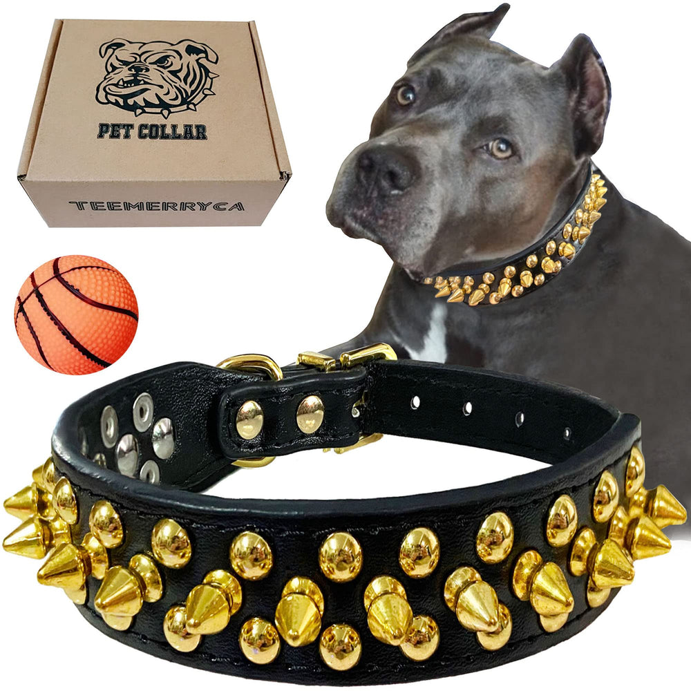 TEEMERRYCA black leather dog collar spikes closeup-durable, stylish, and safe for play.