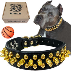 TEEMERRYCA black leather dog collar spikes closeup-durable, stylish, and safe for play.