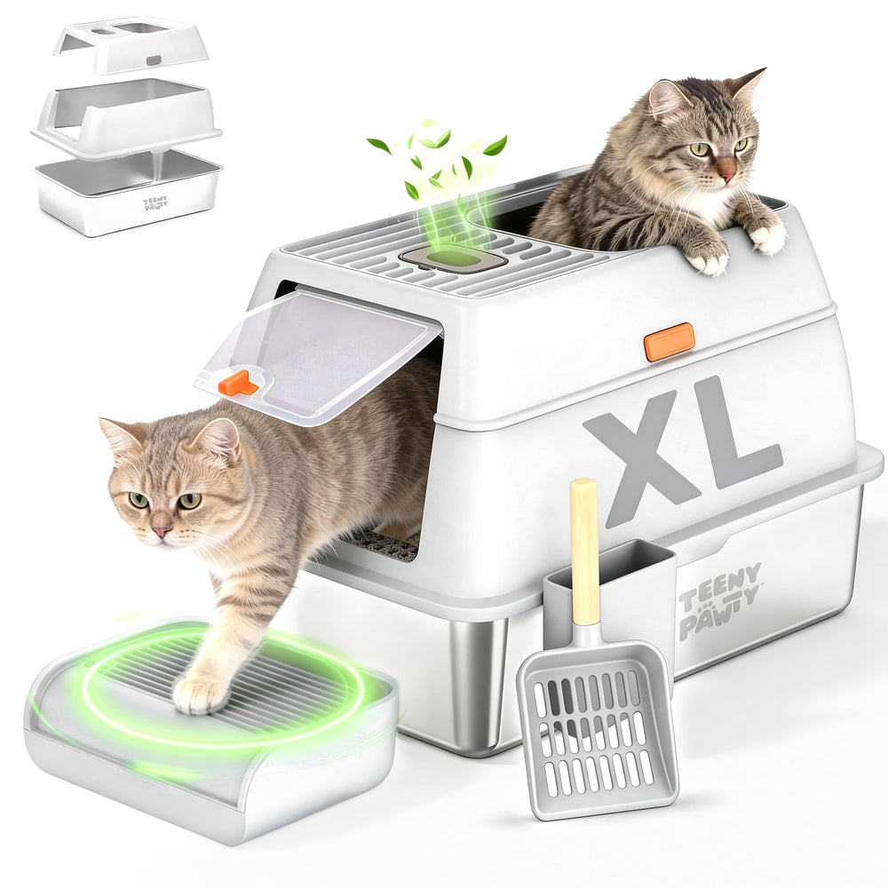 Teeny Pawty XL litter box enclosure, front view, helps contain mess.