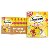 Temptations Birthday Cat Treats pouch label on stay-fresh tub for daily rewards.