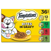 Temptations Bites in Gravy Chicken Entree: bite-sized chicken chunks in gravy for easy feeding and hydration.