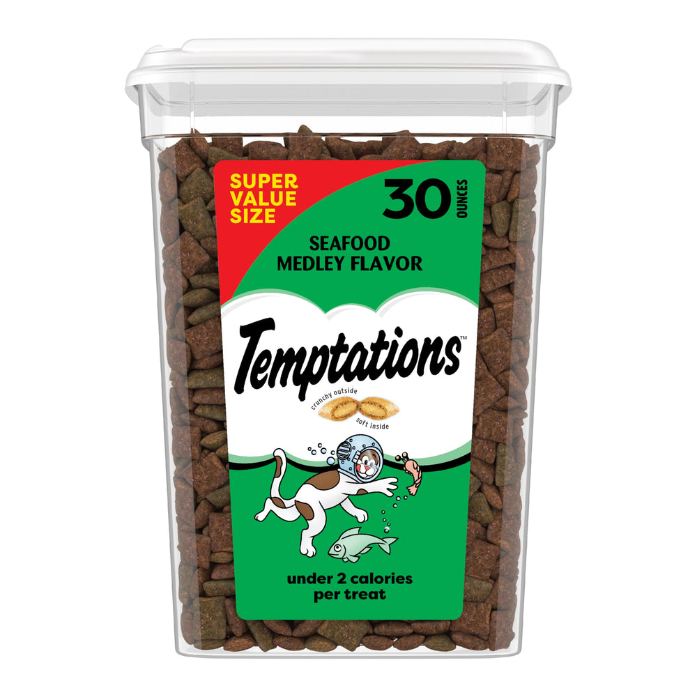 Temptations Cat Treats Classic Crunchy-Soft Seafood Medley tub rewards during playtime.