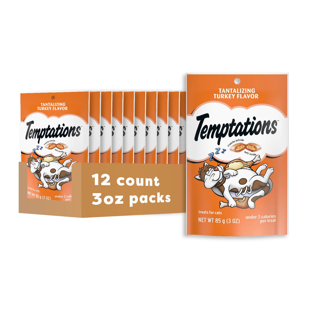 Temptations cat treats with crunchy outside and soft inside, turkey flavor, ideal training reward.