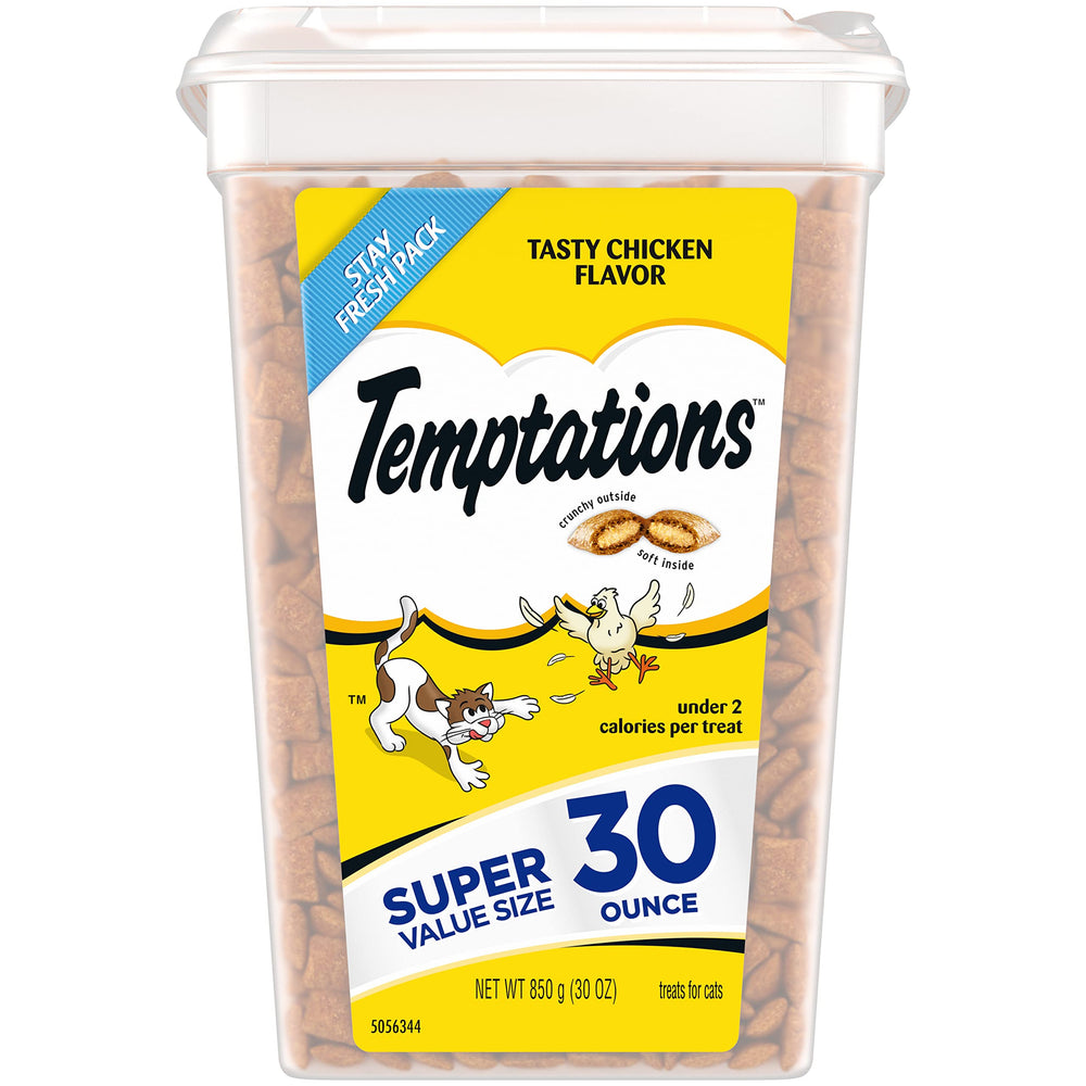 Temptations cat treats tub β crunchy outside, soft inside, ideal for easy rewards.