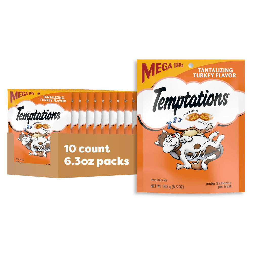 Temptations classic crunchy-soft turkey treats in an open pack invite a quick cat snack.