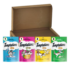 Temptations classic crunchy-soft variety pack open packaging inviting dual-texture treats for cats.