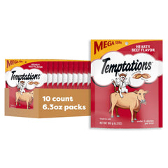 Temptations Classic Soft Cat Treats beef-crunch pouch with crunchy outside and soft center.