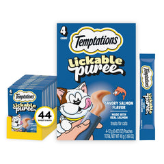 Temptations creamy puree salmon tube treat close-up showing creamy texture for cats