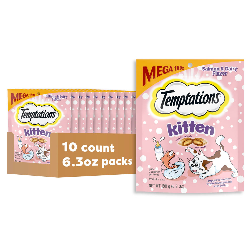 Temptations Kitten Treats dairy packaging showing stay-fresh pouch for daily rewards.