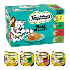 Temptations Pate in Gravy seafood medley tray, flavorful variety for cat meals.
