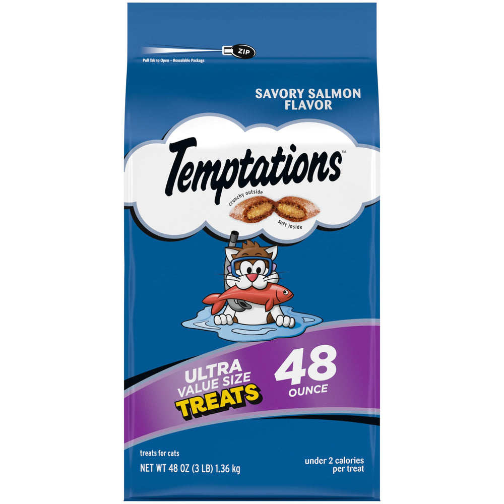 Temptations salmon dual-texture treats in a bag, irresistible crunch and soft center.