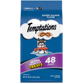 Temptations salmon dual-texture treats in a bag, irresistible crunch and soft center.