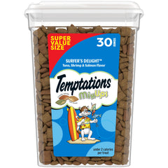 Temptations Surfer's Delight tuna treats in a tub entice cats with a savory bite.