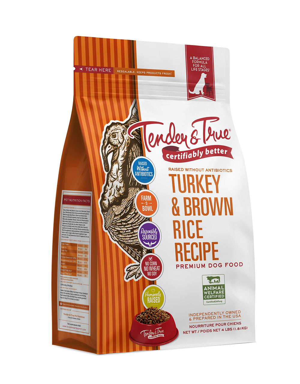 Tender & True front-pack shot shows antibiotic-free turkey dog food for a natural protein-rich diet.