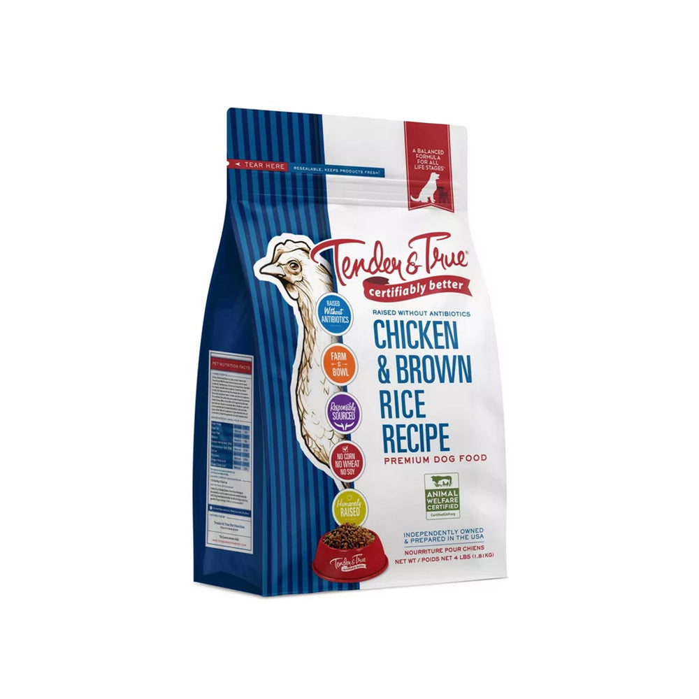 Tender & True antibiotic-free chicken dog food bag front, highlighting balanced nutrition.