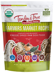 Tender & True Farmers Market freeze-dried dog food front packaging highlights organic ingredients