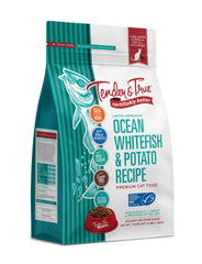 Tender & True Ocean Whitefish and Potato cat food in a 3lb bag showing the main protein