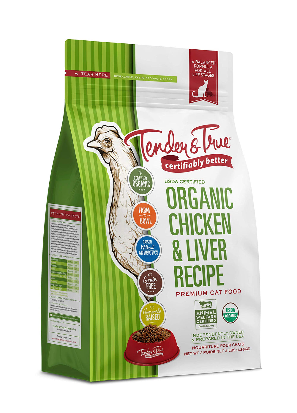 Tender & True organic chicken & liver cat food bag front highlighting cage-free protein