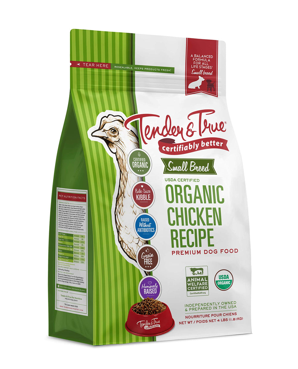 Tender & True small-breed organic chicken recipe bag shown for balanced nutrition