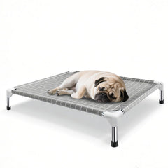 Tensorsine elevated dog bed with stainless steel frame offers safe, paint-free lounging.