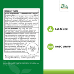 Terry Naturally Joint & Hip dog wafers showing weight-based dosing guidance.