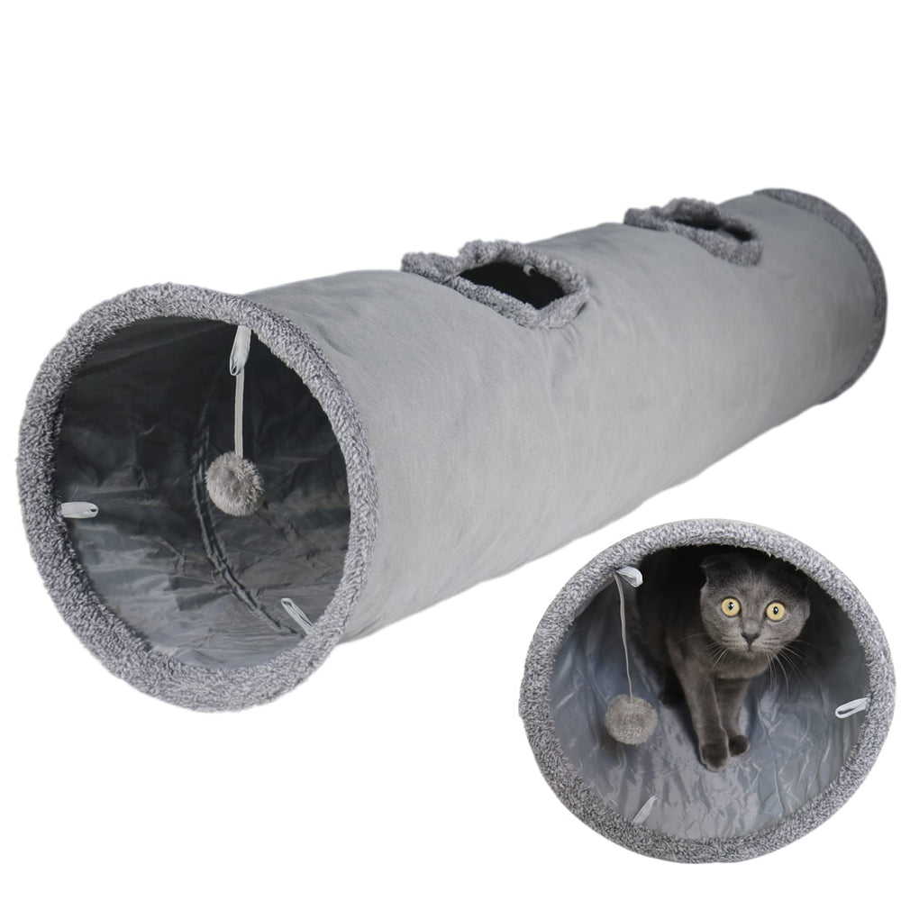 Terunat Cat Tunnel 51x12 inches in grey suede, sturdy for indoor play.