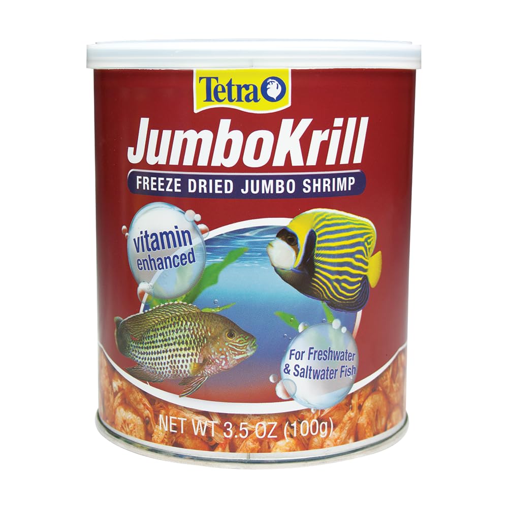 Tetra JumboKrill bottle image showing natural shrimp snack that may support digestion and color.