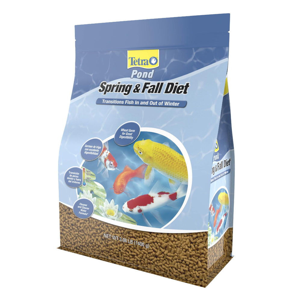 TetraPond Spring and Fall Diet bag front showing brand and soft sticks for cool-water feeding.