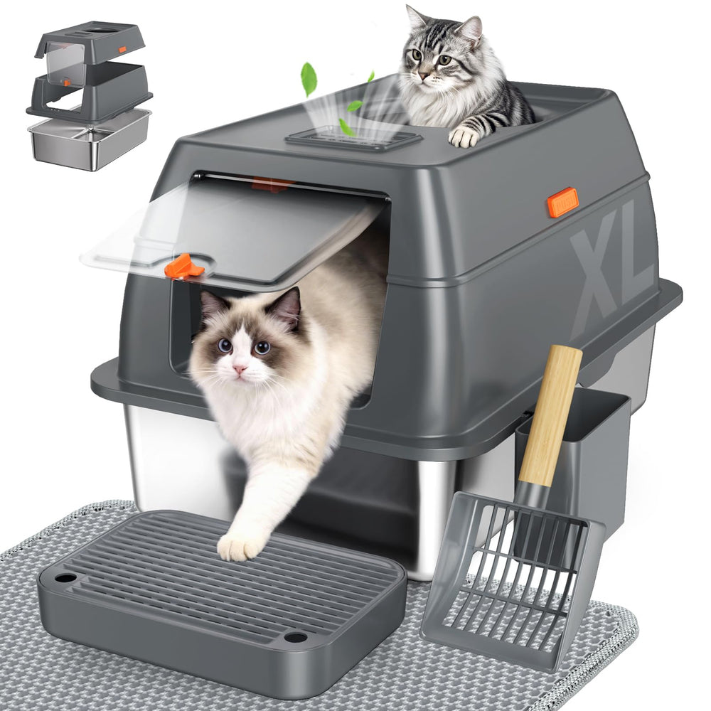 Tevila extra large stainless steel litter box with lid, roomy for big cats.