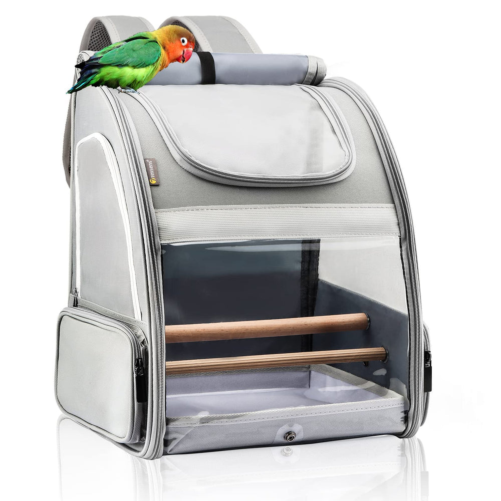 Texsens Bird Carrier Backpack front view shows spacious travel area for small birds.