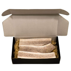 The Antler Box large split elk antler pieces close-up for a long-lasting chew.