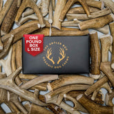 The Antler Box Premium deer antler chews, 1 lb bulk pack, long-lasting chewing.