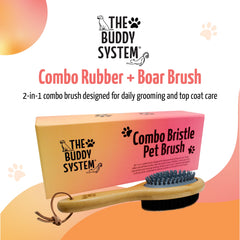 The Buddy System combo bristle pet brush boar bristle side distributes oils.