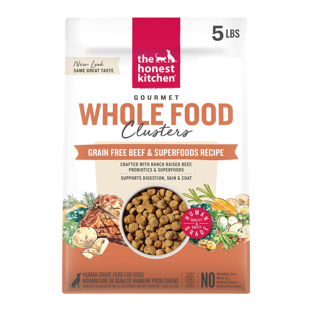 The Honest Kitchen beef clusters bag – premium dry dog food for adult dogs.
