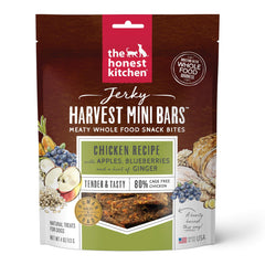 The Honest Kitchen Jerky Harvest Mini Bars bag features chicken, apples and blueberries; high-protein dog snack.